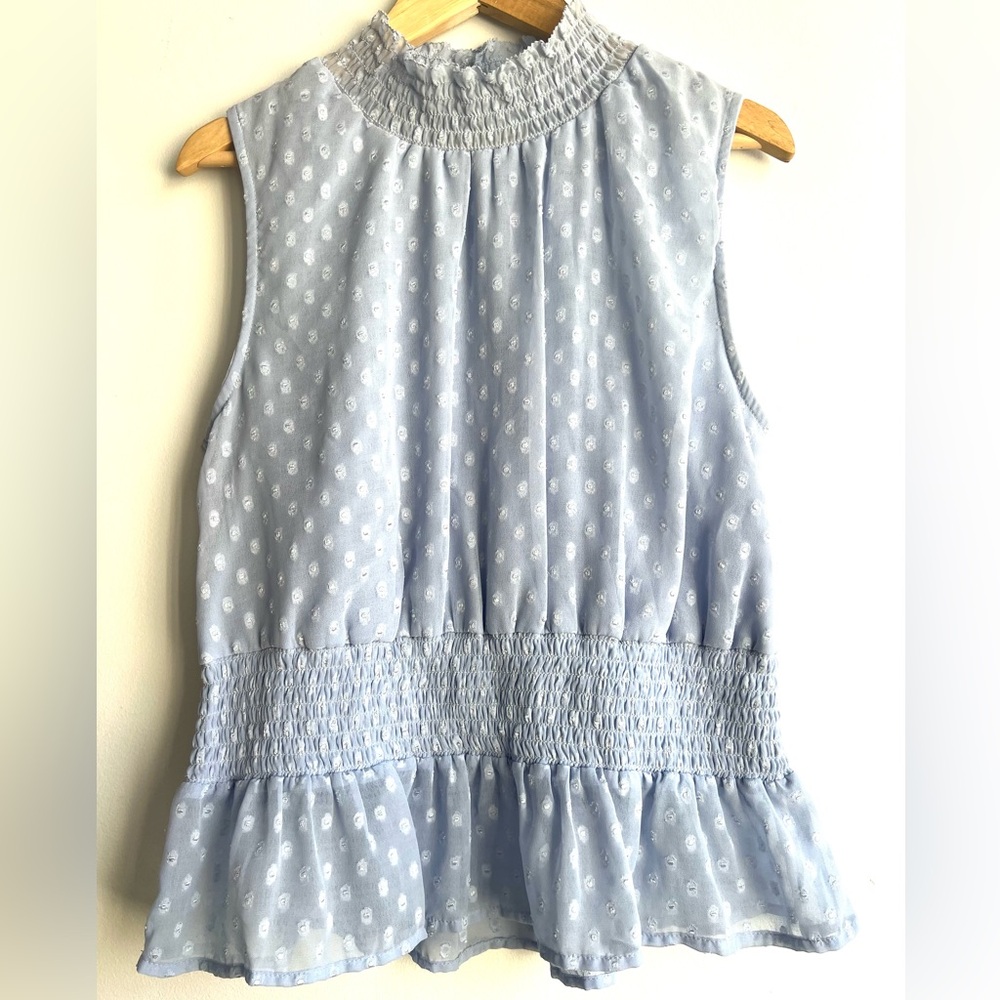 Soft Blue Chic Clip Dot Mock Neck Smocked Boho Feminine Blouse